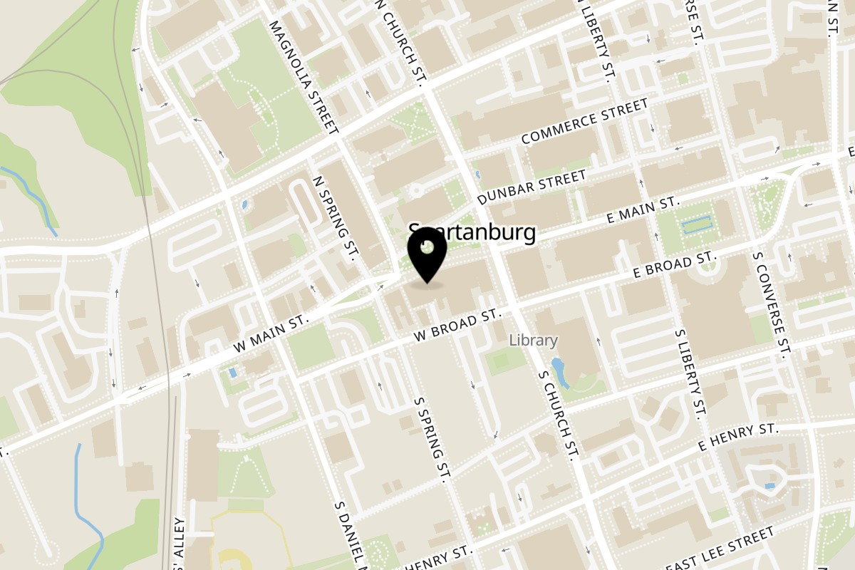 Map showing the location of Burgar on 137 W Main St in Spartanburg